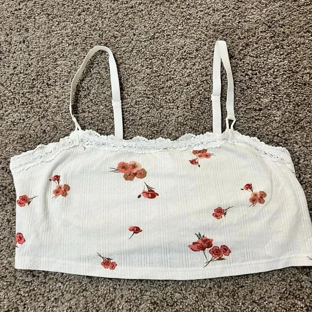 Aerie White Beige Floral Whimsy Lace Crop Top Spaghetti Strap Tank Sz L Cottage